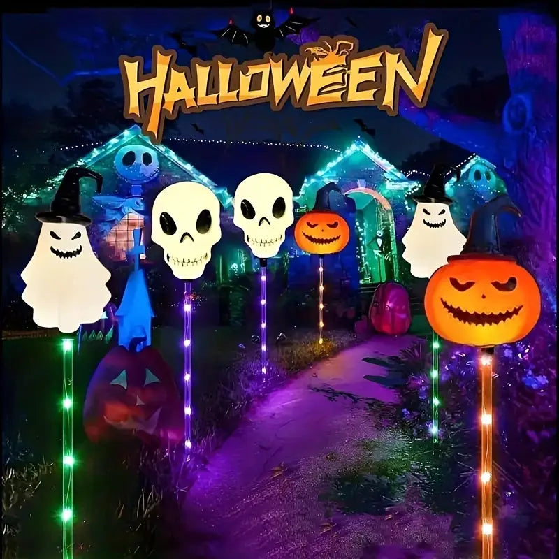 Halloween Solar Pathway Lights, Set of 6 Pumpkin Skull Ghost Stakes - product view 2