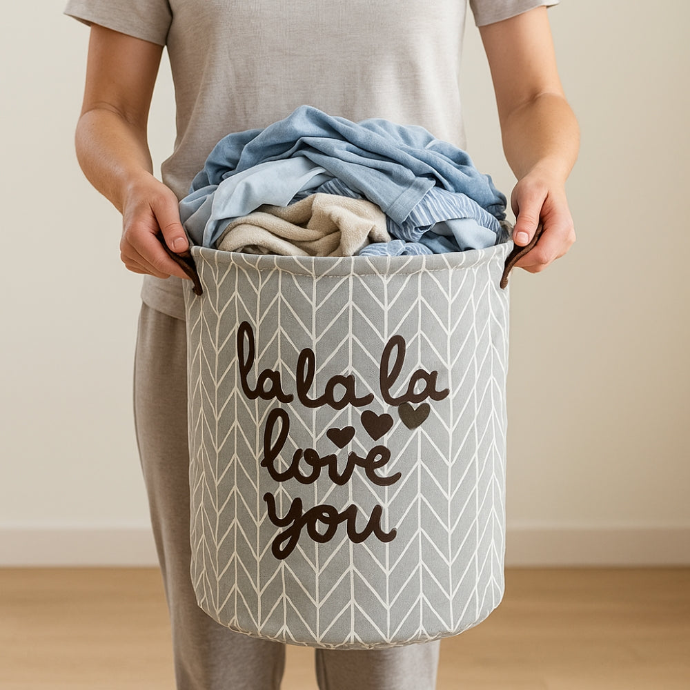 Grey Herringbone Foldable Laundry Basket – image 1