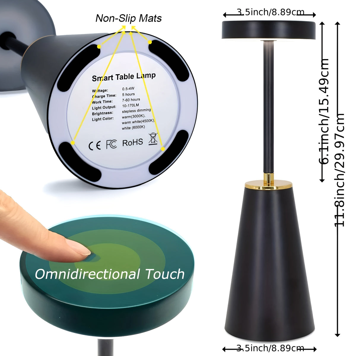 Slim Rechargeable Table Lamp, 3-Colour Touch-Dimmable LED Light - product view 7