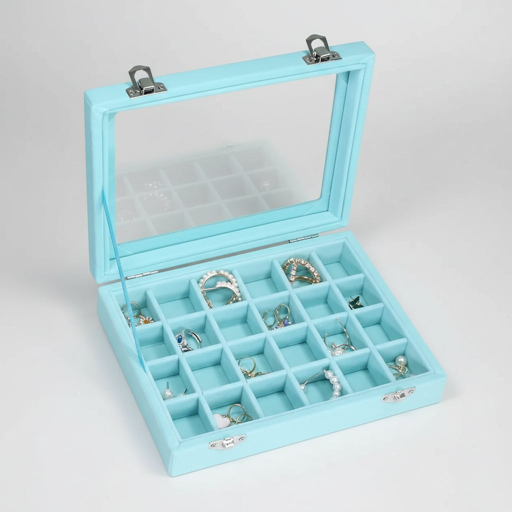 Jewelry Organiser Velvet Storage Box Glass Lid Tray