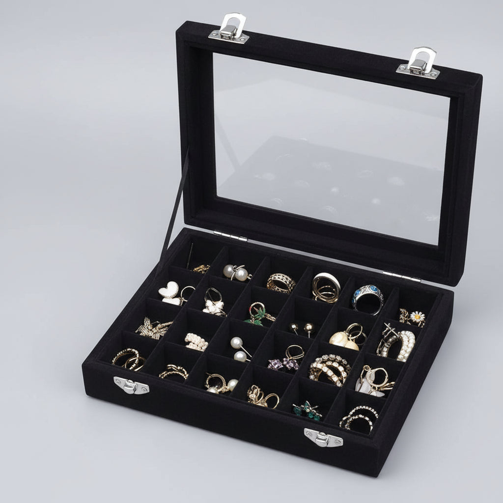 Jewelry Organiser Velvet Storage Box Glass Lid Tray