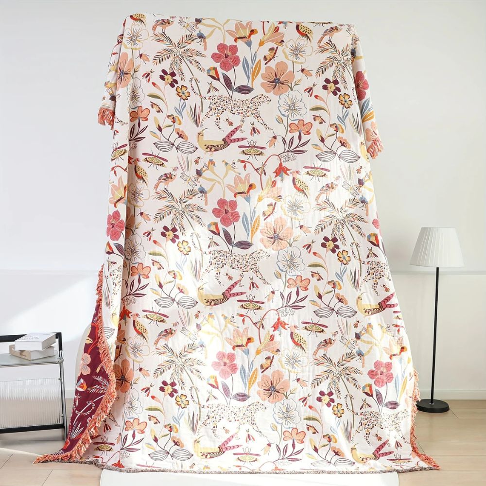 Jungle Floral Cotton Blanket, Reversible Woven Design - product view 5