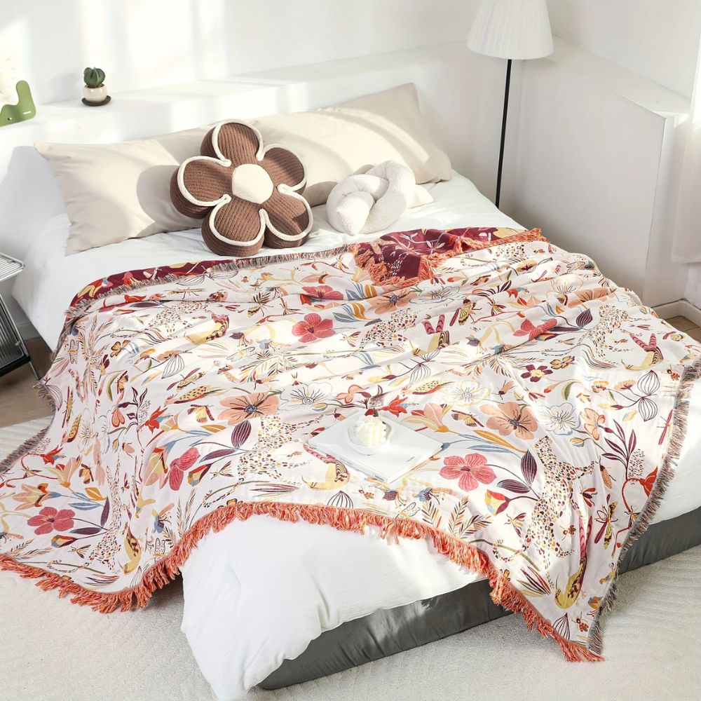 Jungle Floral Cotton Blanket, Reversible Woven Design - product view 2