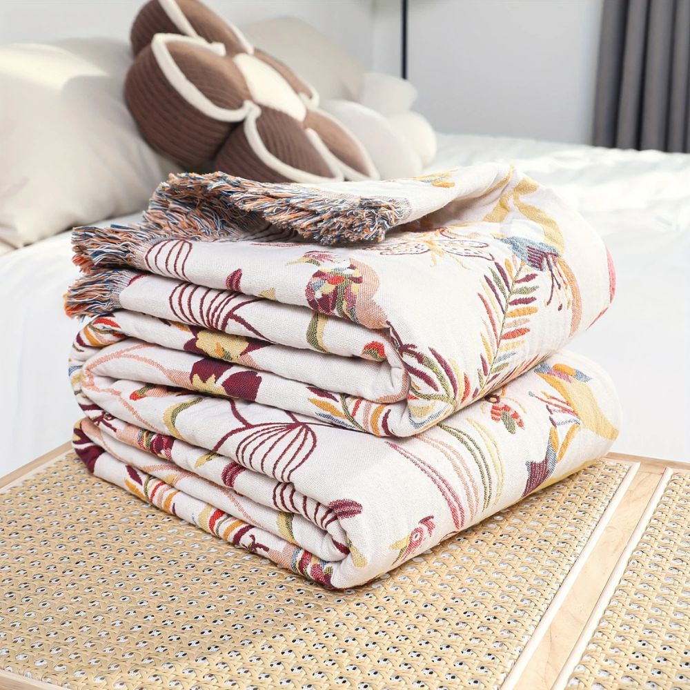 Jungle Floral Cotton Blanket, Reversible Woven Design - product view 3