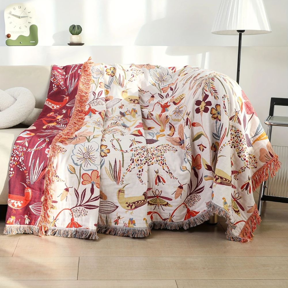 Jungle Floral Cotton Blanket, Reversible Woven Design - product view 1