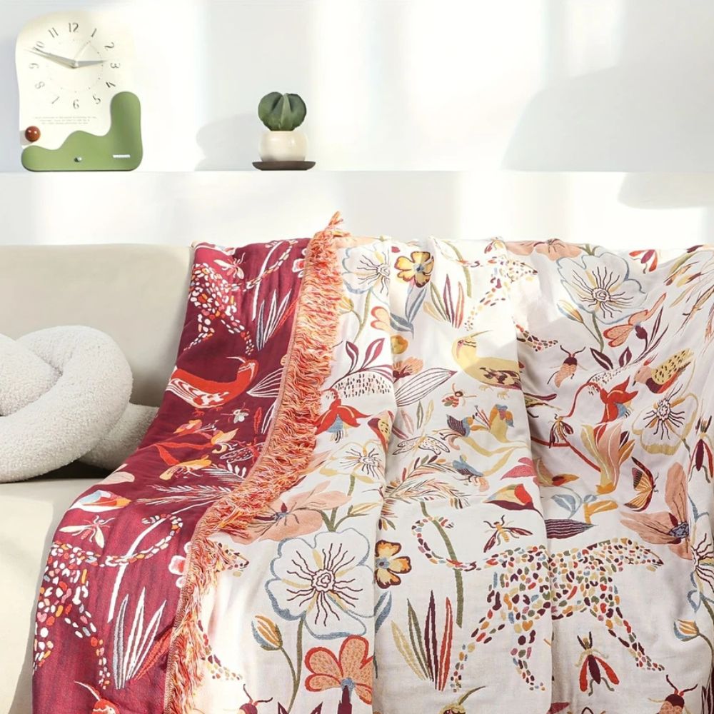 Jungle Floral Cotton Blanket, Reversible Woven Design - product view 4