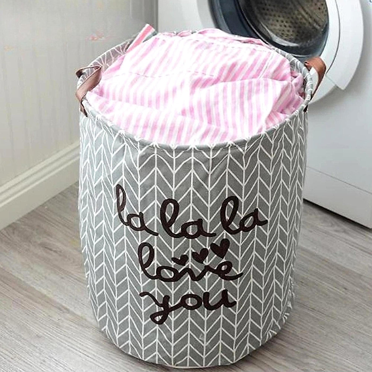 Grey Herringbone Foldable Laundry Basket – image 4