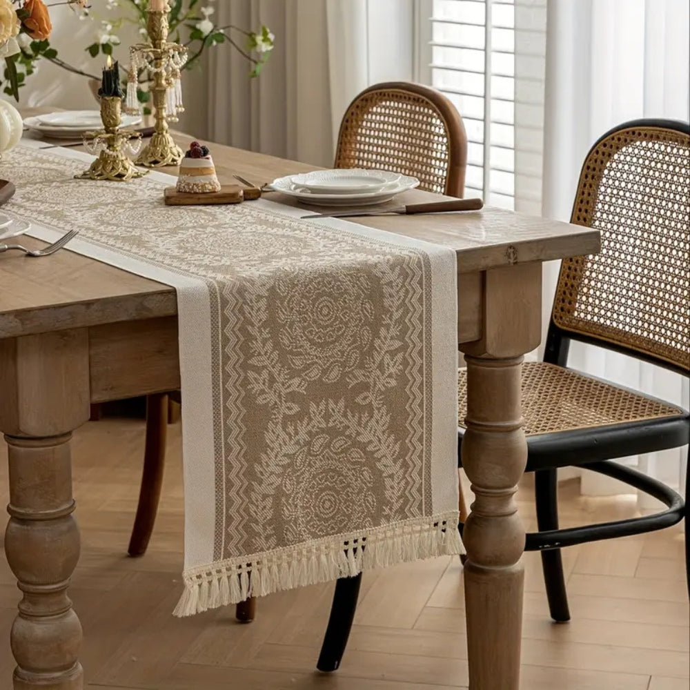 Floral Woven Tassel Table Runner – image 1