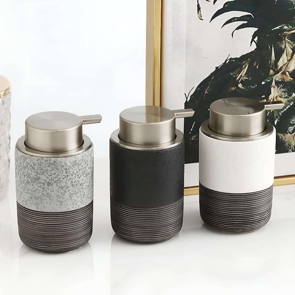 Matte Ceramic Soap Dispenser with Ribbed Base, 298.69 ml - product view 3