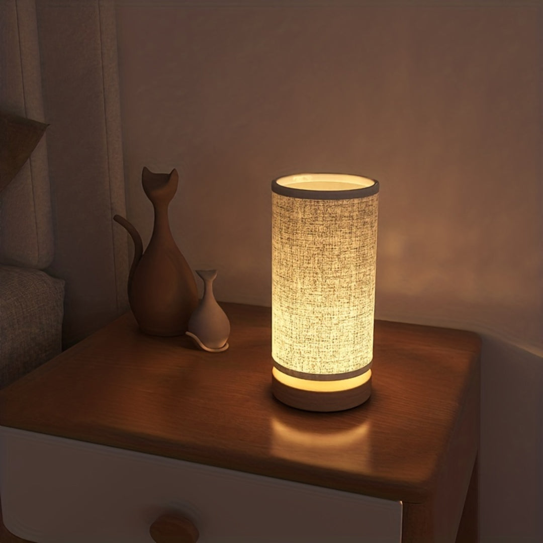 Wooden Bedside Table Lamp, USB LED Light with Fabric Shade - product view 2