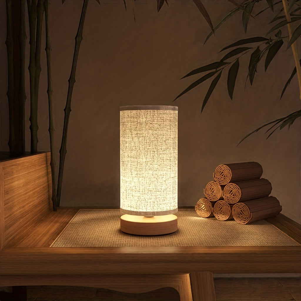 Wooden Bedside Table Lamp, USB LED Light with Fabric Shade - Linen