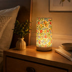 Wooden Bedside Table Lamp, USB LED Light with Fabric Shade - Flower