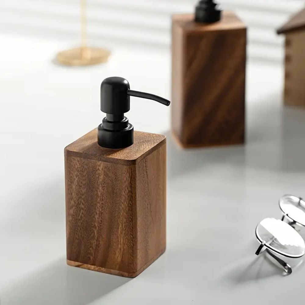 Walnut Wood Soap Dispenser with Black Pump - product view 3