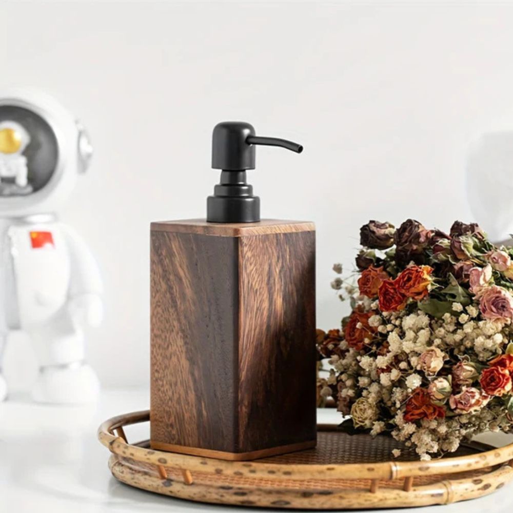 Walnut Wood Soap Dispenser with Black Pump - product view 2
