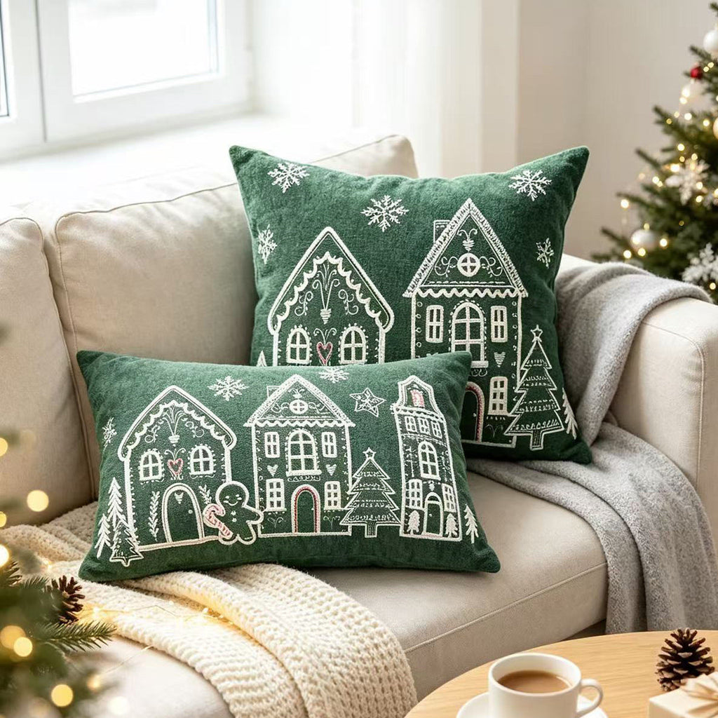 Embroidered Gingerbread House Christmas Pillow Cover, Square or Lumbar - product view 1