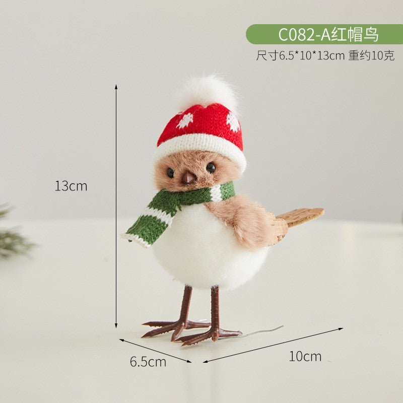Plush Winter Bird Figurine with Red Hat and Green Scarf, 13 cm - product view 1