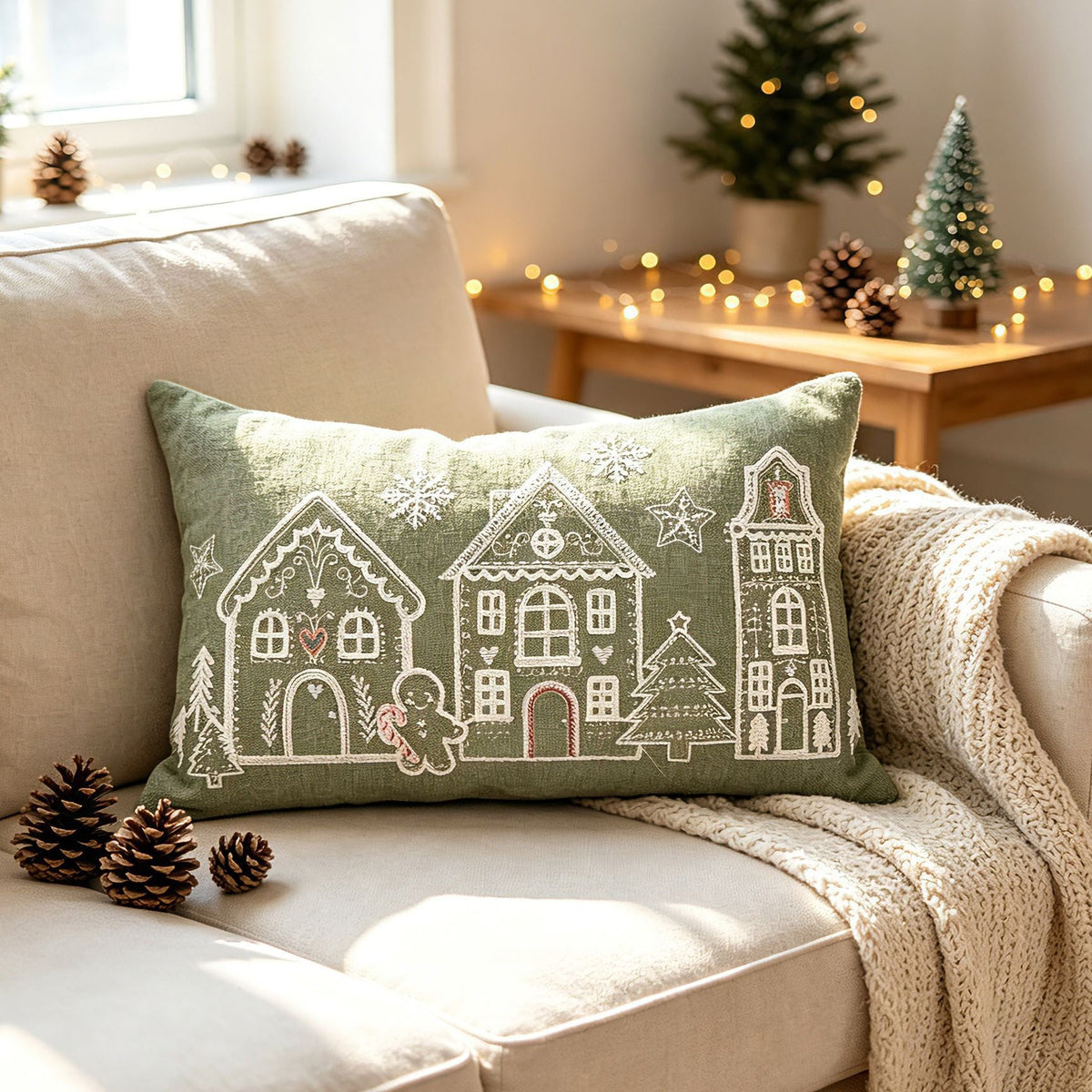 Embroidered Gingerbread House Christmas Pillow Cover, Square or Lumbar - product view 9