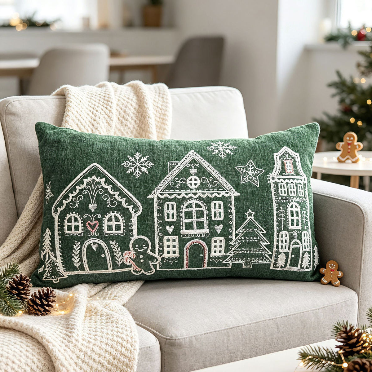 Embroidered Gingerbread House Christmas Pillow Cover, Square or Lumbar - product view 8