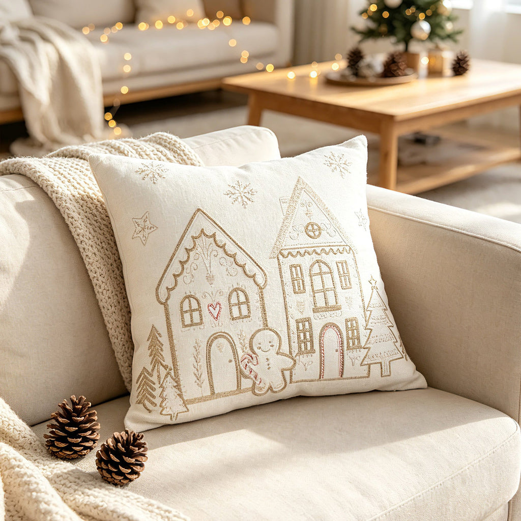 Embroidered Gingerbread House Christmas Pillow Cover, Square or Lumbar - product view 7