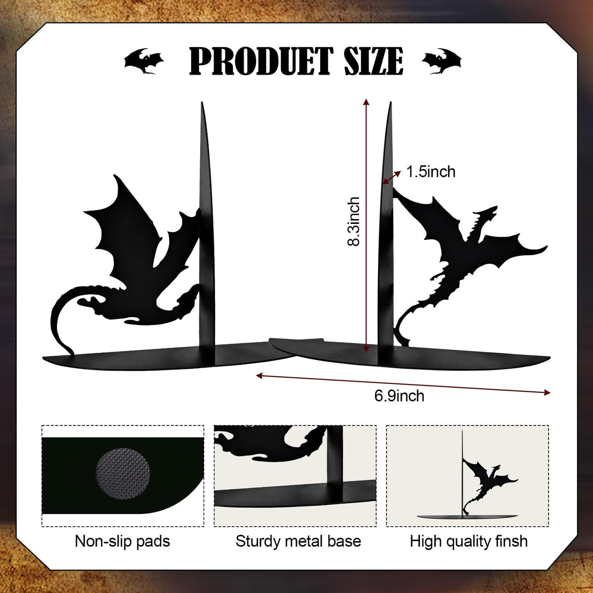 Dragon Silhouette Metal Bookends – product image 3