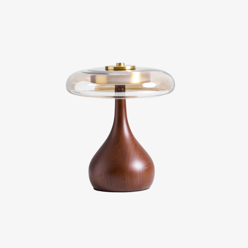 Amber Glass Mushroom Table Lamp with Walnut Base, UK Plug - view 2