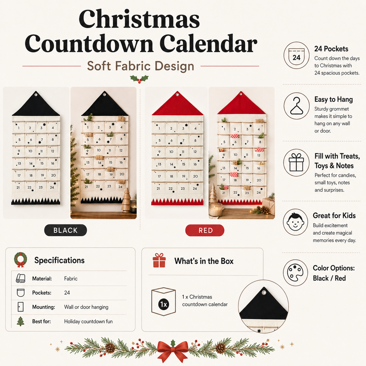 Fabric Christmas Advent Calendar, 24-Pocket Wall Countdown - product view 7
