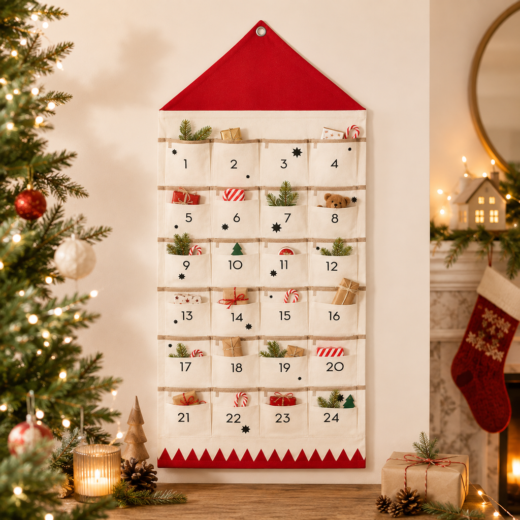Fabric Christmas Advent Calendar, 24-Pocket Wall Countdown - Red