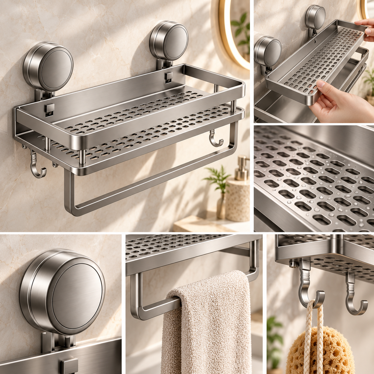 Removable Suction Cup Bathroom Storage Shelf Wall Mount