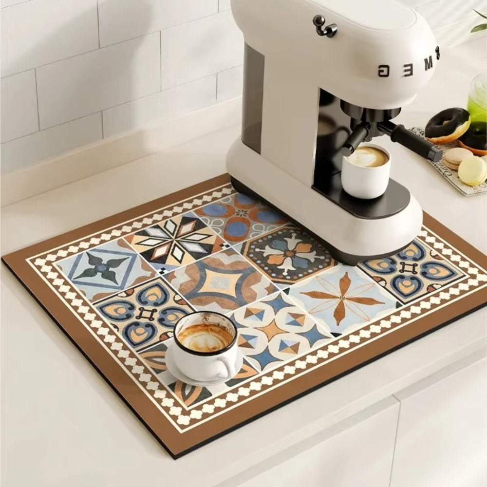 Absorbent Coffee Bar Mat — Floral Brown