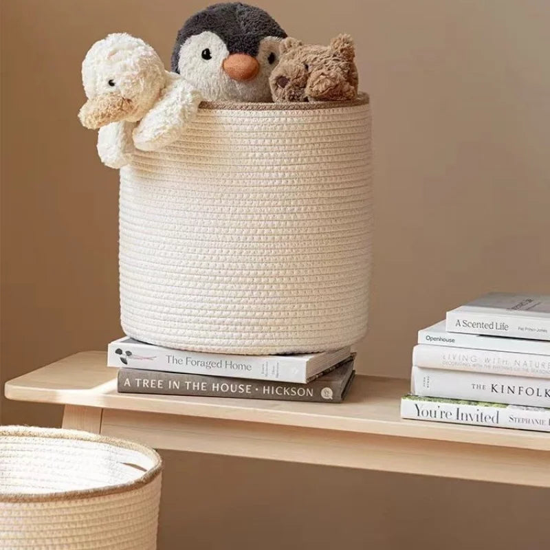 Round Cotton Rope Storage Basket with Beige Trim