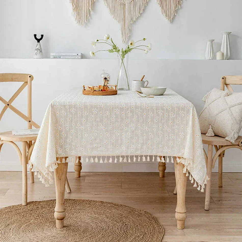 Floral Cotton Tablecloth with Decorative Edging