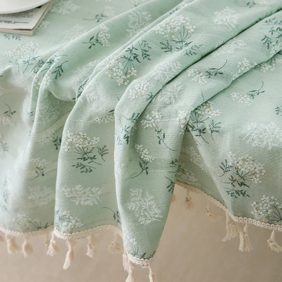 Floral Cotton Tablecloth with Decorative Edging