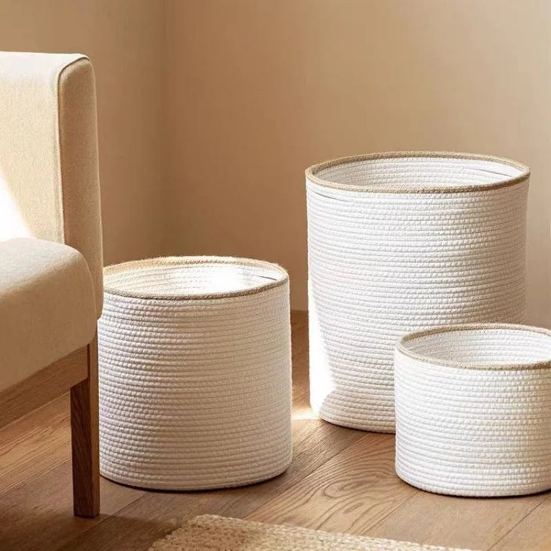 Round Cotton Rope Storage Basket with Beige Trim