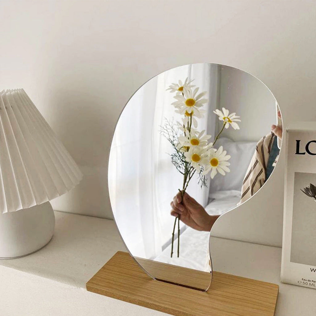 Curved Acrylic Table Mirror with Wooden Base