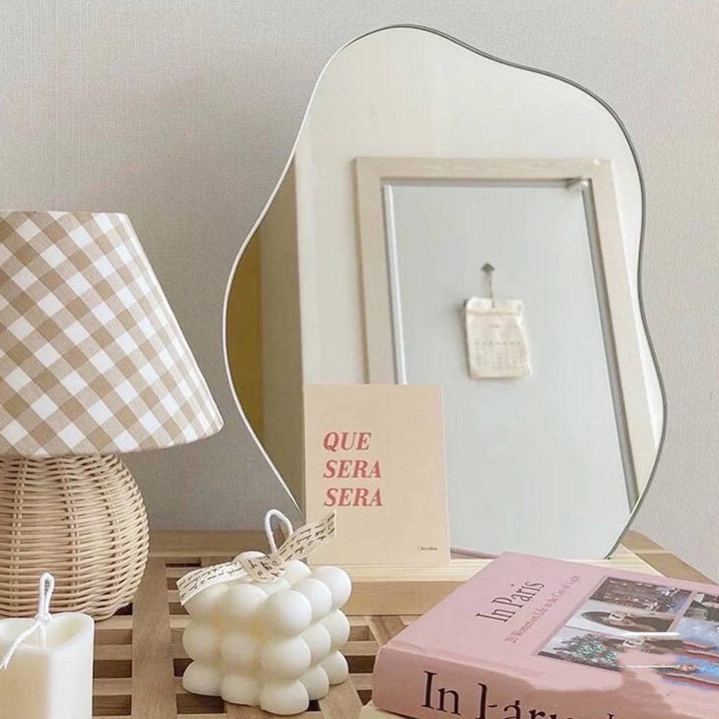 Curved Acrylic Table Mirror with Wooden Base