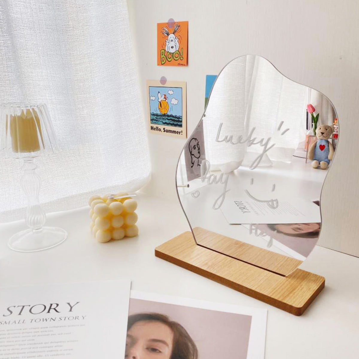Curved Acrylic Table Mirror with Wooden Base