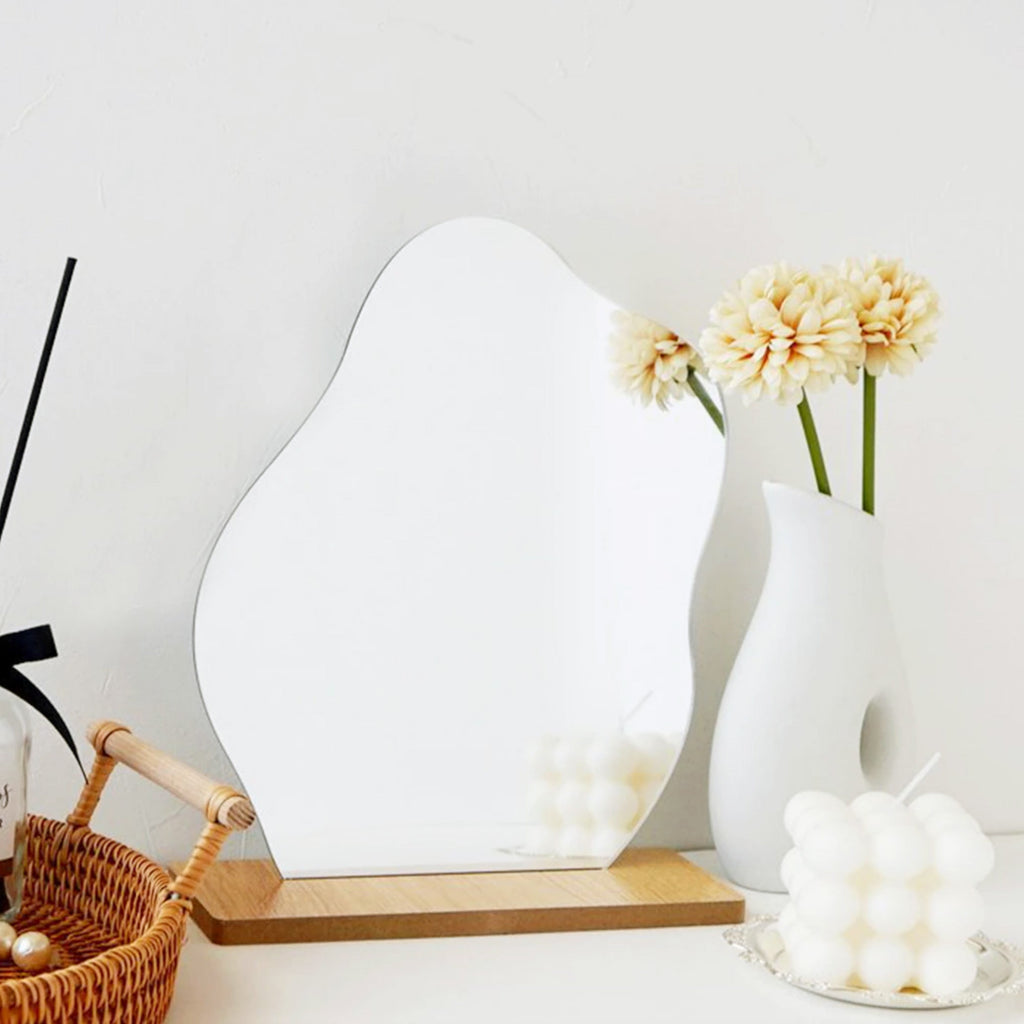 Curved Acrylic Table Mirror with Wooden Base