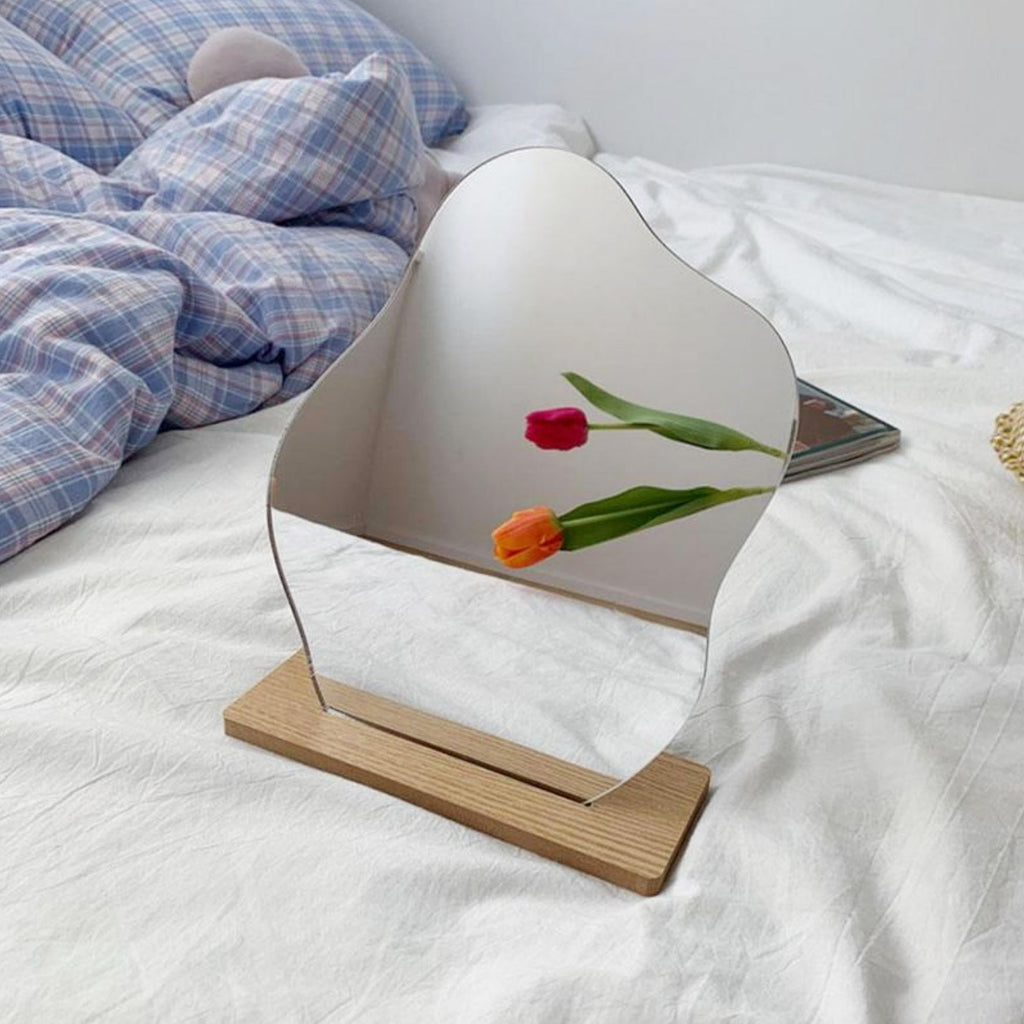 Curved Acrylic Table Mirror with Wooden Base