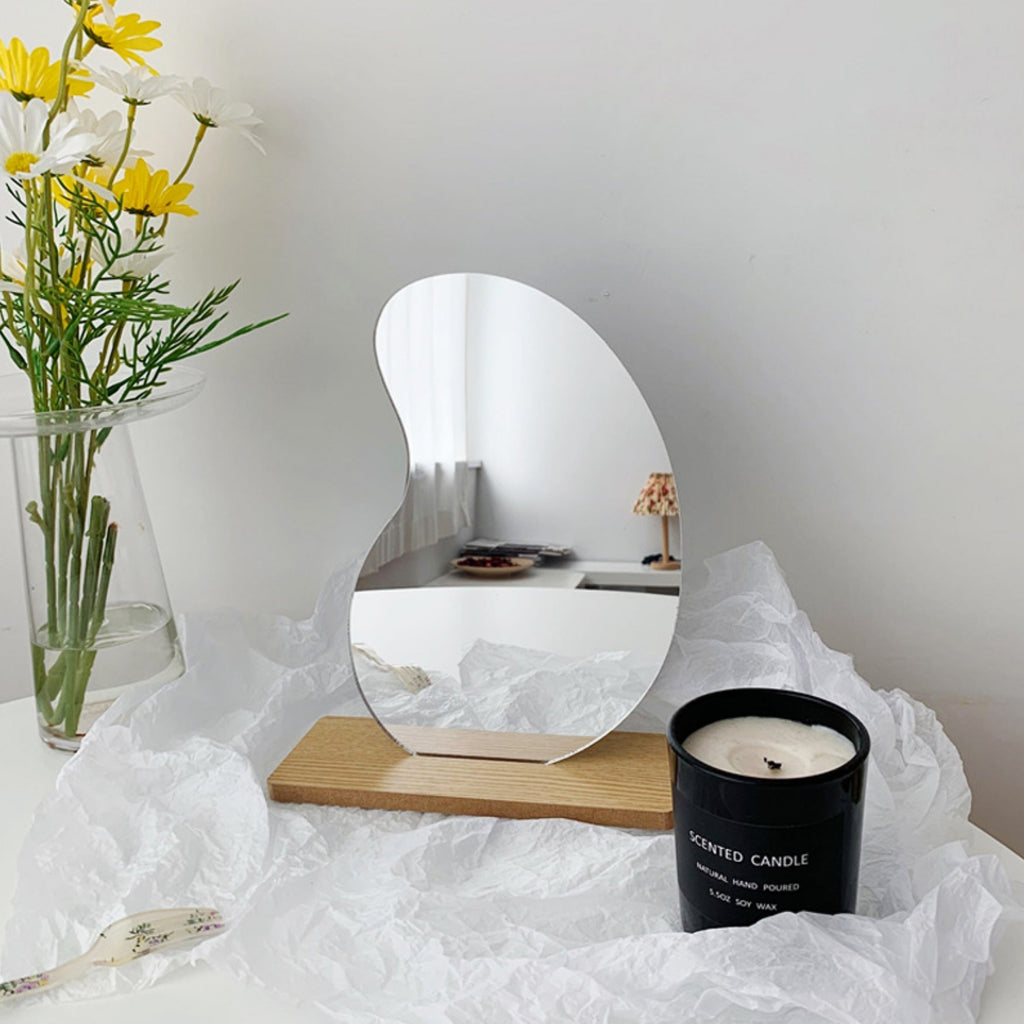 Curved Acrylic Table Mirror with Wooden Base