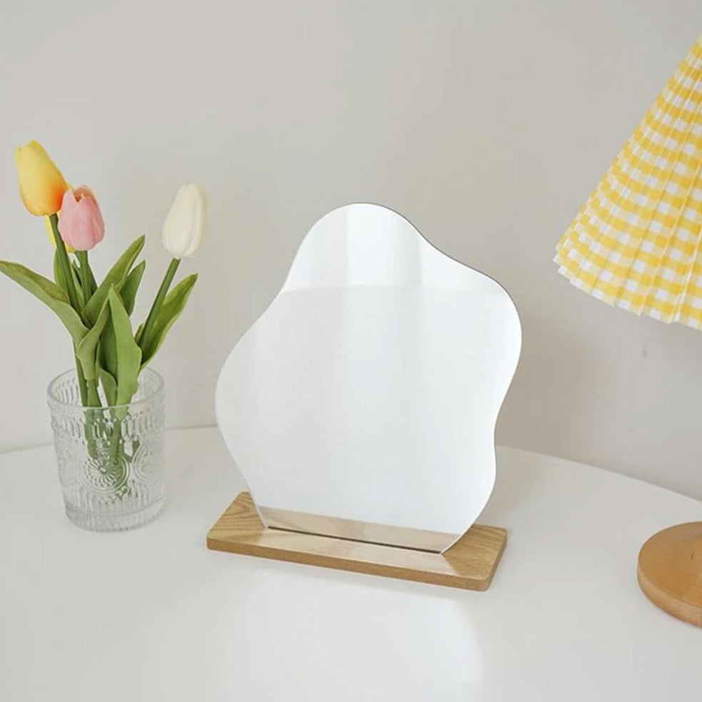 Curved Acrylic Table Mirror with Wooden Base