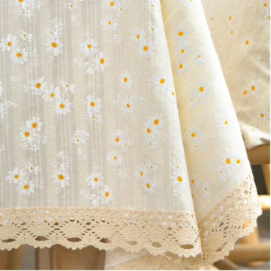 Floral Cotton Tablecloth with Decorative Edging