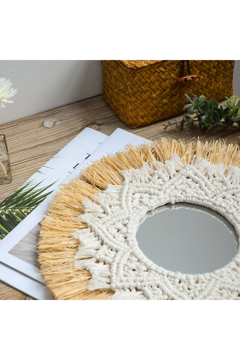 Woven Grass and Cotton Decorative Mirror, 35 cm