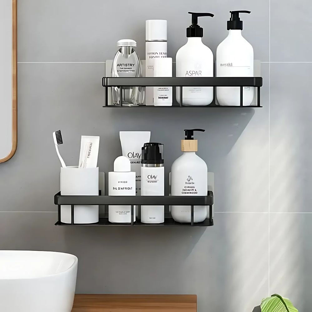 Adhesive Shower Caddy, Black No-Drill Bathroom Organiser - product view 4