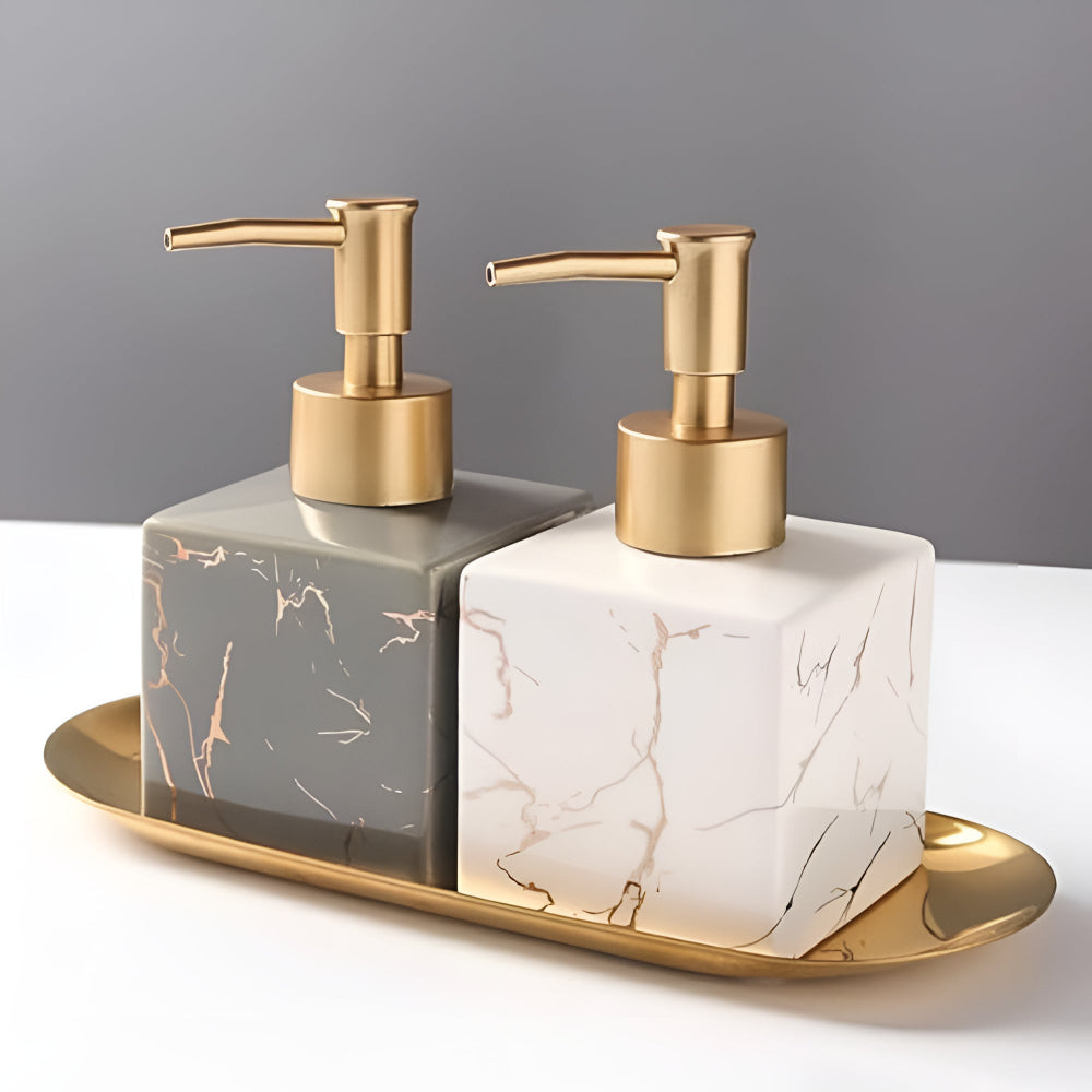 Marbled Ceramic Soap Dispenser with Gold-Tone Pump - product view 3