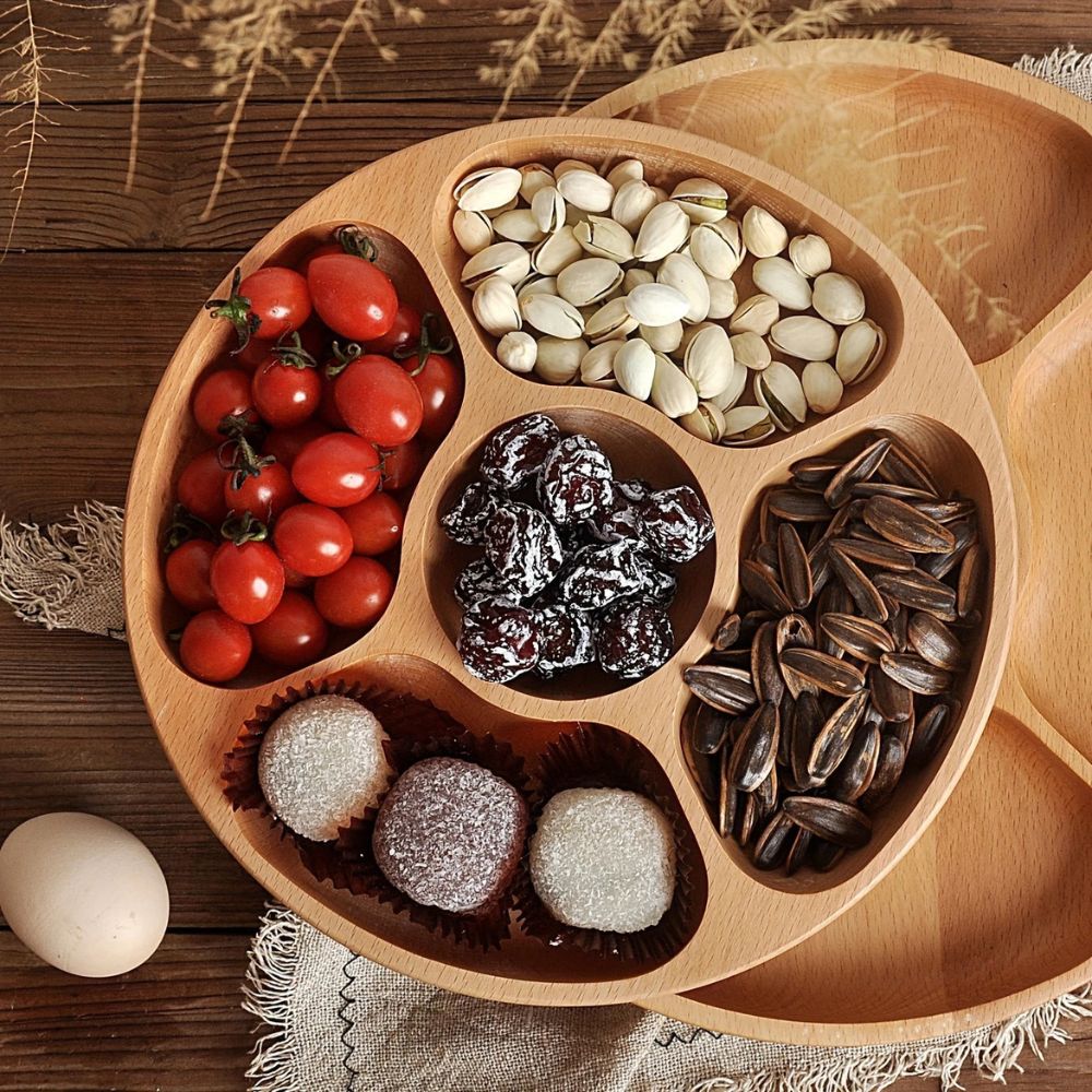 Round Wooden Snack Serving Tray with Five Compartments - product view 2