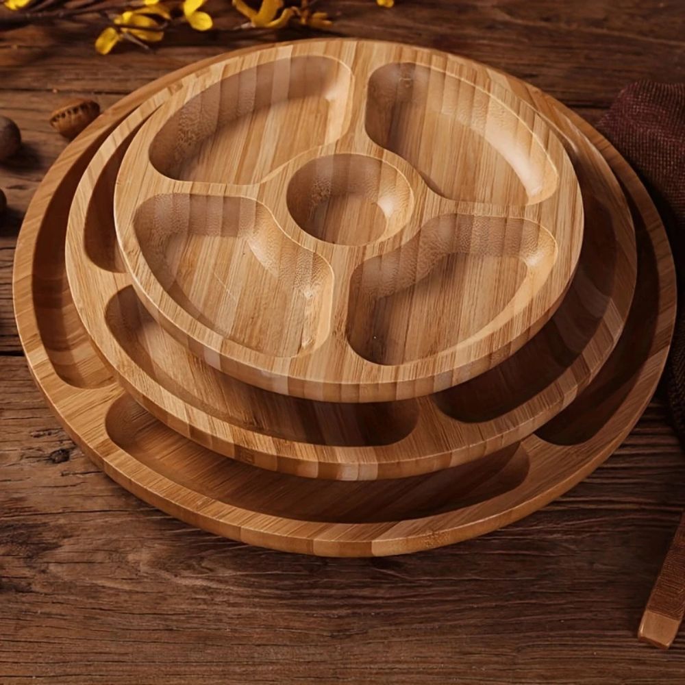 Round Wooden Snack Serving Tray with Five Compartments - product view 3