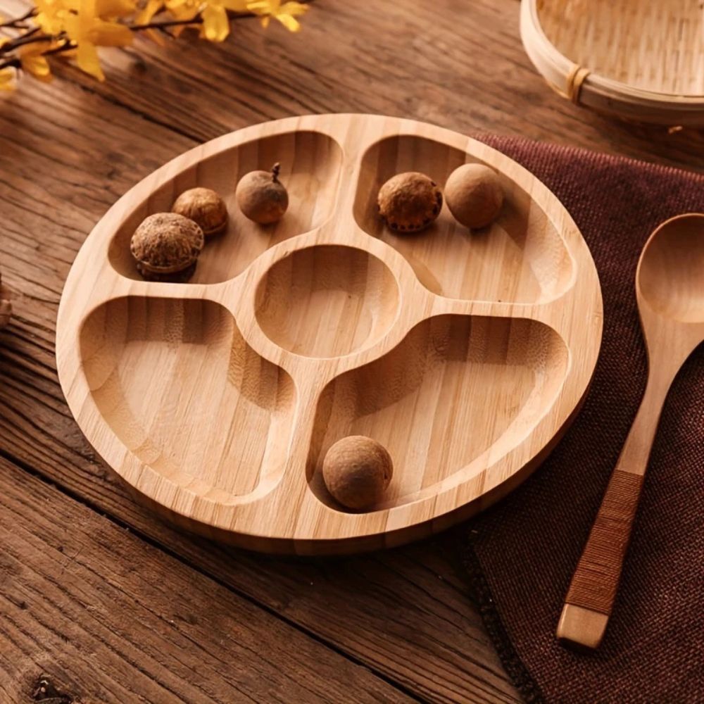 Round Wooden Snack Serving Tray with Five Compartments - product view 1