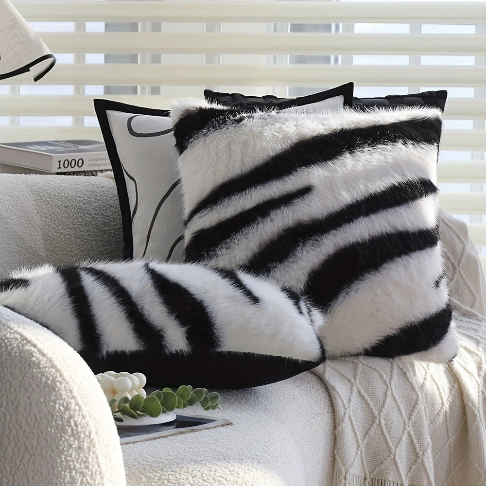 Striped Faux Fur Cushion Cover, Soft Sofa Accent - product view 1
