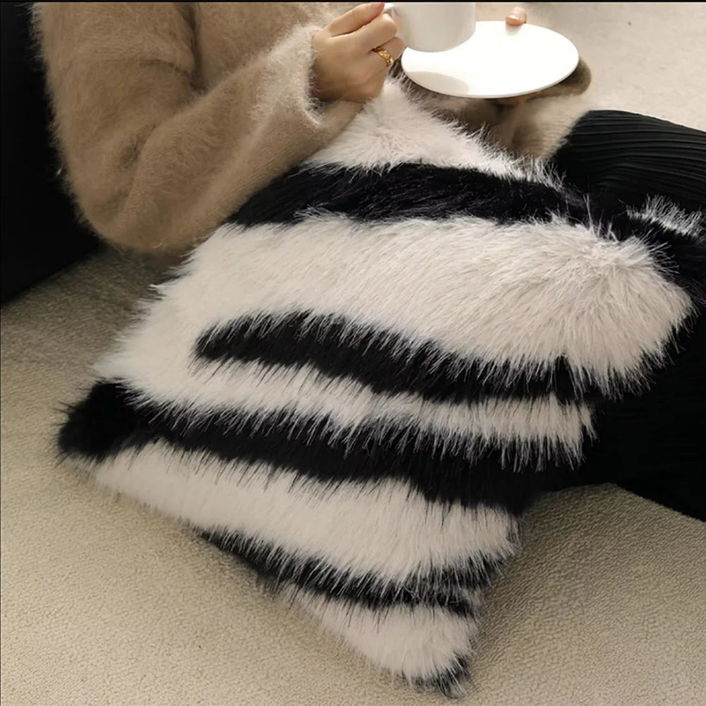 Striped Faux Fur Cushion Cover, Soft Sofa Accent - product view 2