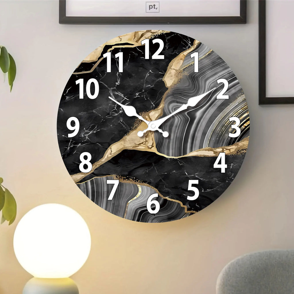 Modern Round Wooden Wall Clock Silent Marble Design
